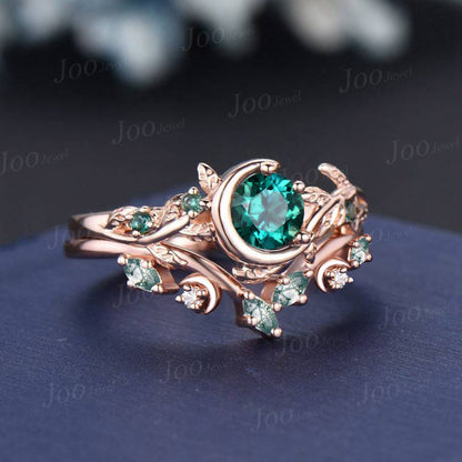 5mm Round Green Emerald Moss Agate Ring Set Unique Moon Star Promise Ring 10K White Gold Nature Inspired Branch Leaf Emerald Wedding Rings