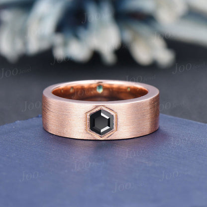 Hexagon Cut Natural Black Onyx Mens Wedding Band 14K Rose Gold Matte Finish Men Solitaire Engagement Ring Goth Black Promise Ring for Male