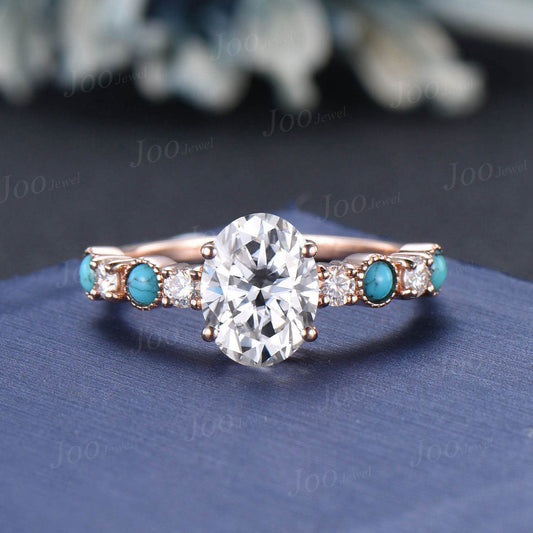 Unique Oval Cut Lab Grown Diamond Engagement Ring Vintage Round Bezel Turquoise Diamond Art Deco Half Eternity Bridal Ring Anniversary Gifts