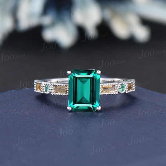 2ct Emerald Cut Green Emerald Engagement Ring Half Eternity Emerald Wedding Ring Baguette Emerald & Citrine Wedding Band Anniversary Gifts