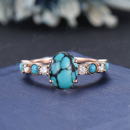 1.5ct Oval Natural Turquoise Engagement Ring Half Eternity Moissanite Cluster Turquoise Stacking Ring 10K Rose Gold Turquoise Wedding Ring