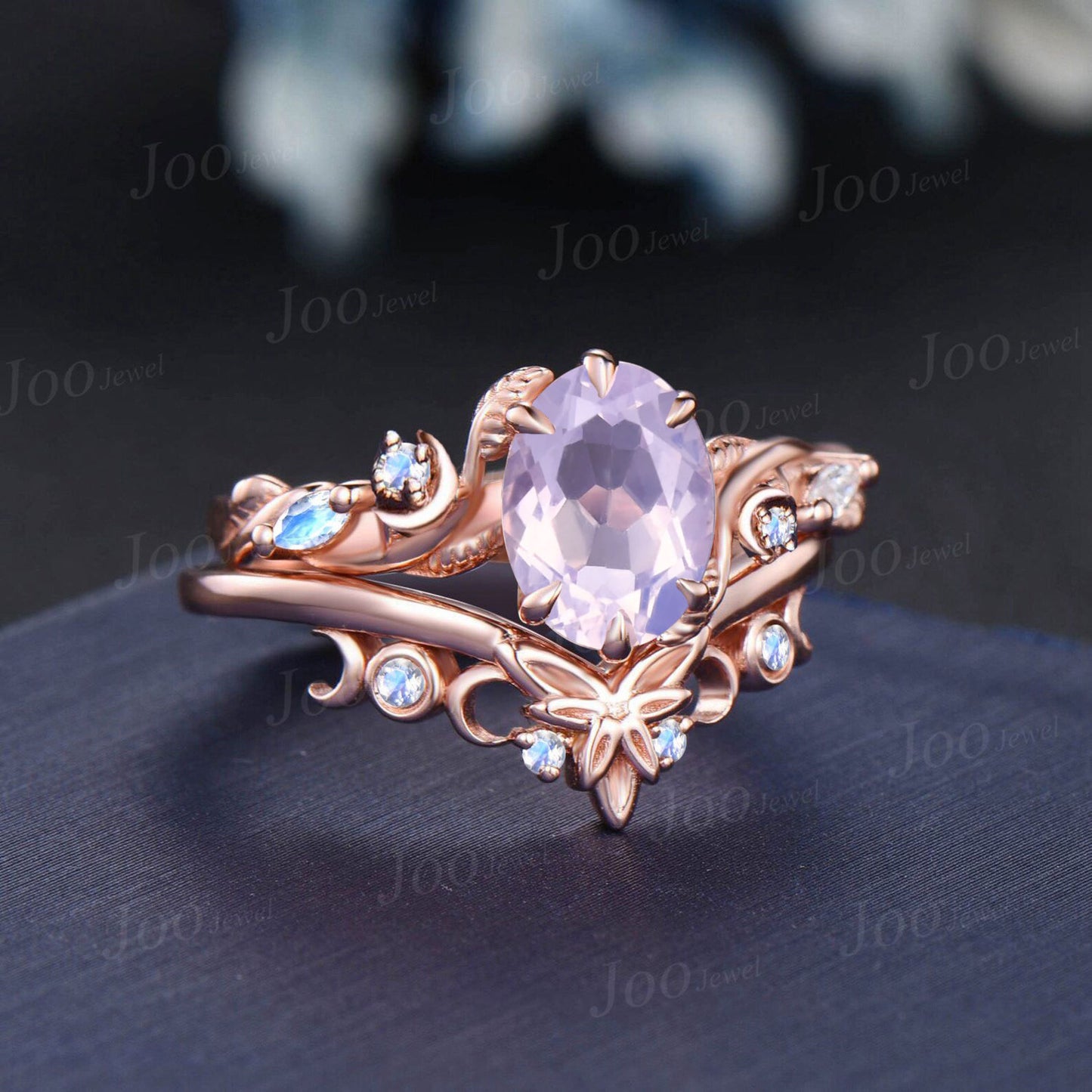 Crescent Moon Wedding Ring Oval Natural Lavender Amethyst Bridal Set 14K Rose Gold Nature Inspired Branch Vine Celtic Knot Moonstone Rings