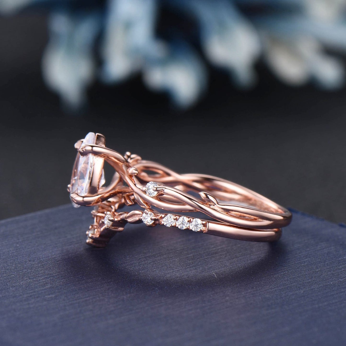 Twig Vine Moissanite Engagement Ring Set 14K Rose Gold 1.25ct Pear Lab Grown Diamond Wedding Ring Set with IGI Certificate Branch Bridal Set