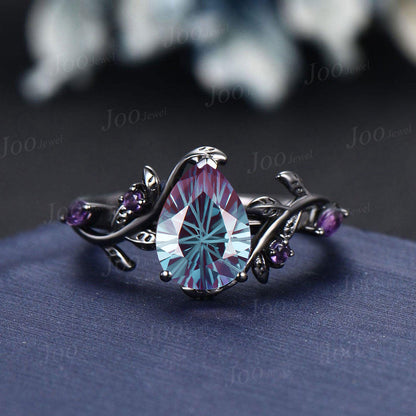 1.25ct Pear Cut Starbrite Alexandrite Black Gold Bridal Rings Anniversary Gift Purple Amethyst Wedding Ring Fireworks Cut Alexandrite Rings