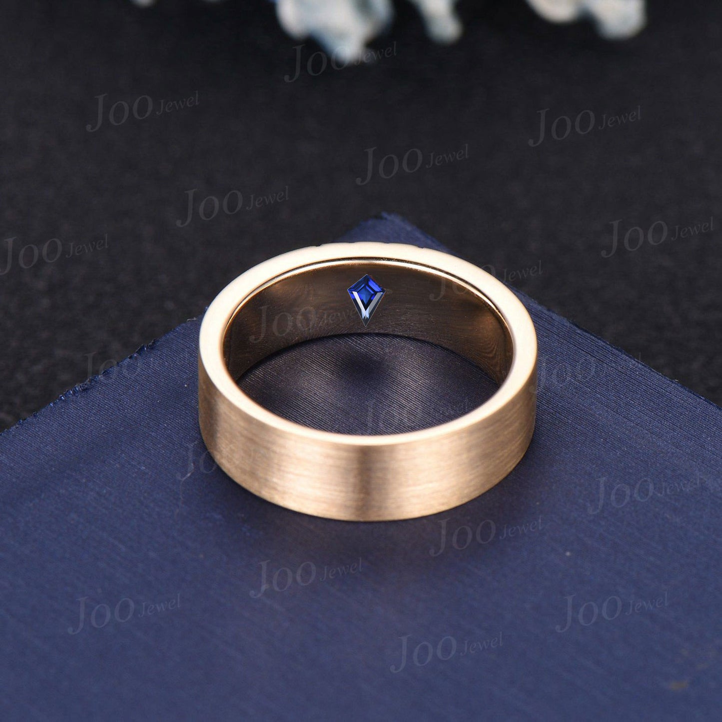 Blue Sapphire Men Wedding Band 14K Yellow Gold 6mm Men Engagement Ring Brushed Finished Band Mens Stacking Gold Band Promise Ring for Fiancé