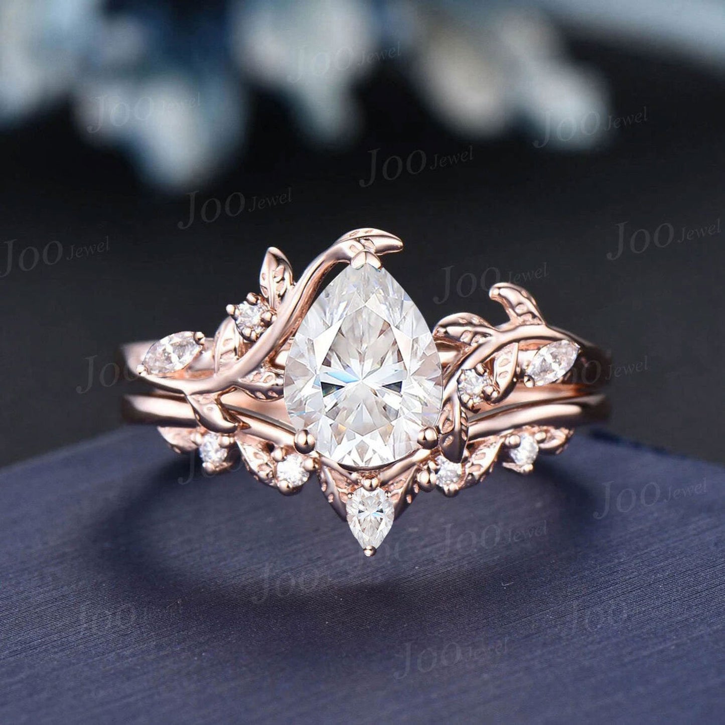 Teardrop Moissanite Diamond Wedding Ring Black Gold Band Leaf Vine Branch Bridal Set 1.25ct Pear Moissanite Bypass Wedding Ring for Women