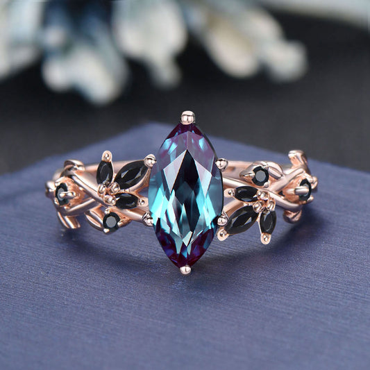 1ct Marquise Cut Color-Change Alexandrite Engagement Ring Solid 14k Rose Gold Twig Leaf Black Stone Alexandrite Wedding Ring Women Jewelry