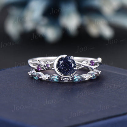 5mm Moon Star Round Galaxy Blue Sandstone Amethyst Ring Sterling Silver Twig Vine Blue Goldstone Alexandrite Bridal Set Celestial Rings Set