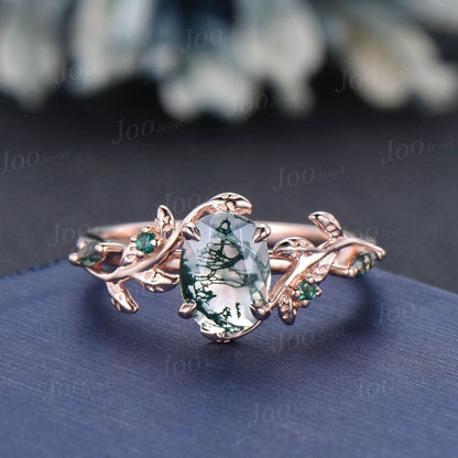 1.5ct Oval Cut Natural Green Moss Agate Emerald Bridal Ring Set Branch Twig Vine Nature Engagement Ring Unique Bridesmaid Anniversary Gifts