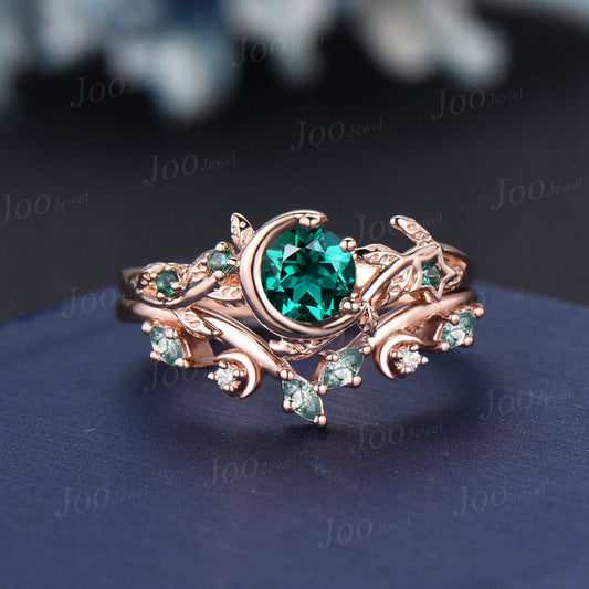 5mm Round Green Emerald Moss Agate Ring Set Unique Moon Star Promise Ring 10K White Gold Nature Inspired Branch Leaf Emerald Wedding Rings