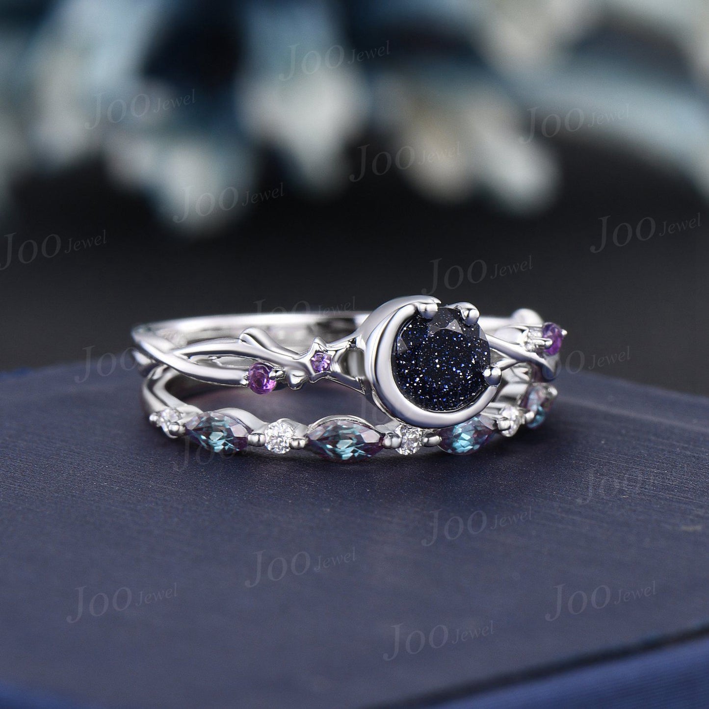 5mm Moon Star Round Galaxy Blue Sandstone Amethyst Ring Sterling Silver Twig Vine Blue Goldstone Alexandrite Bridal Set Celestial Rings Set