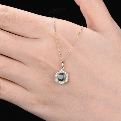 Natural Round Moss Agate Flower Necklace Solid 14k/18k Rose Gold Vintage Personalized Wedding Pendant For Women Anniversary/Bridesmaid Gifts