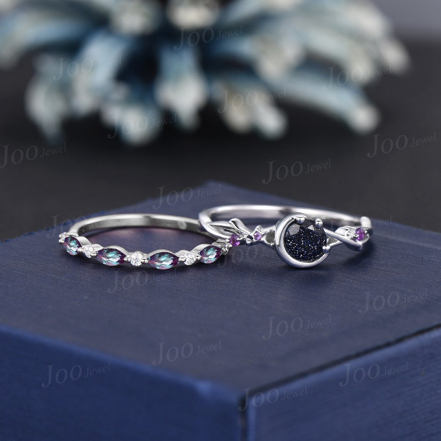 5mm Moon Star Round Galaxy Blue Sandstone Amethyst Ring Sterling Silver Twig Vine Blue Goldstone Alexandrite Bridal Set Celestial Rings Set