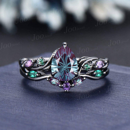 1.25CT Fireworks Cut Color-Change Alexandrite Black Gold Wedding Ring Set Pear Cut Engagement Rings Twig Vine Emerald Amethyst Bridal Set