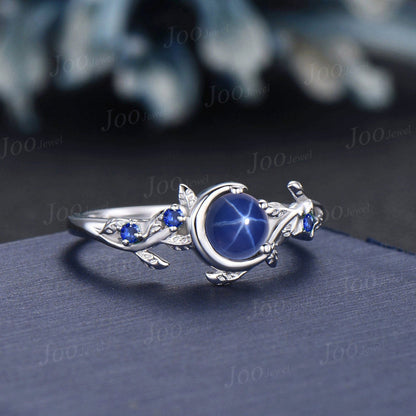 5mm Nature Inspired Round Cut Star Sapphire Moon Engagement Ring Blue Sapphire Wedding Ring Cluster Star Blue Ring Unique Personalized Gifts