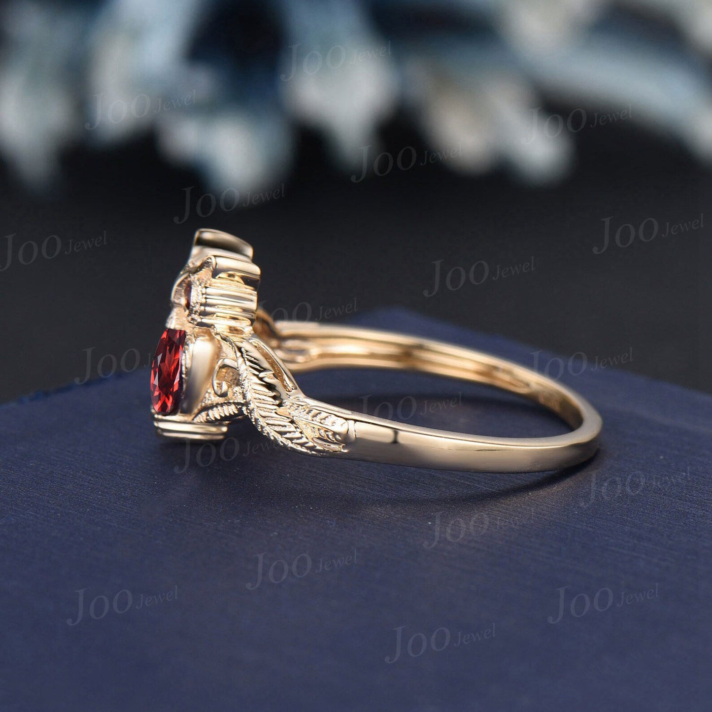 Unique Branch Twig Vine Owl Engagement Ring 14K Yellow Gold Natural Red Garnet Wedding Ring January Birthstone Jewelry Antique Birthday Gift