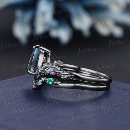 1.25CT Fireworks Cut Color-Change Alexandrite Black Gold Wedding Ring Set Pear Cut Engagement Rings Twig Vine Emerald Amethyst Bridal Set