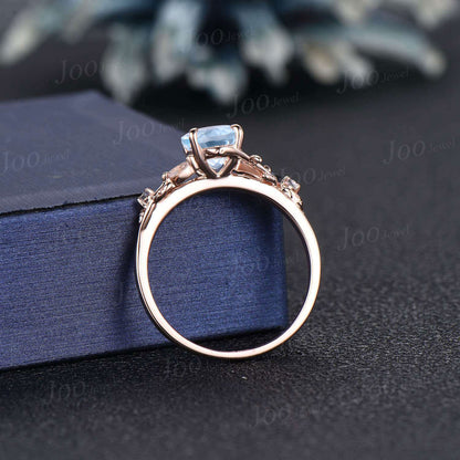1ct Natural Light Blue Aquamarine Moonstone Ring Vintage Rose Gold Round Nature Inspired Aquamarine Engagement Ring March Birthstone Gifts