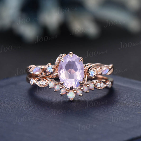 Vintage Oval Cut Lavender Amethyst Proposal Ring Set 14K Rose Gold Art Deco Cluster Leaf Nature Inspired Moonstone Opal Bridal Wedding Ring