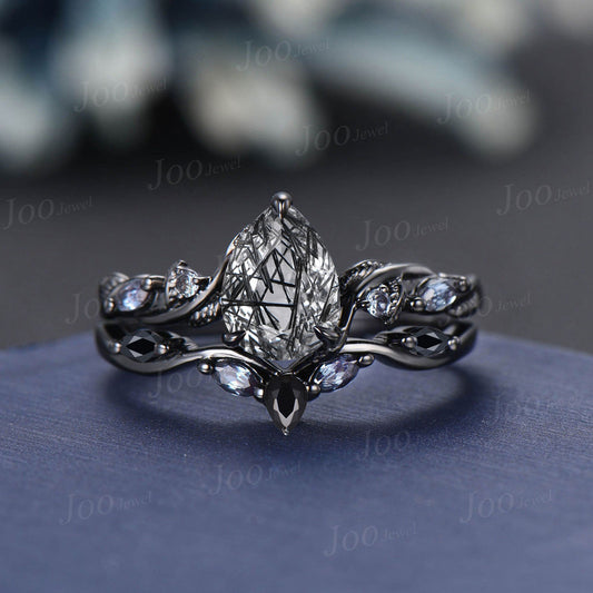Twisted Twig Vine Natural Black Rutilated Quartz Alexandrite Ring Set Art Deco 14K Black Gold Pear Engagement Ring Leaf Black Crystal Ring
