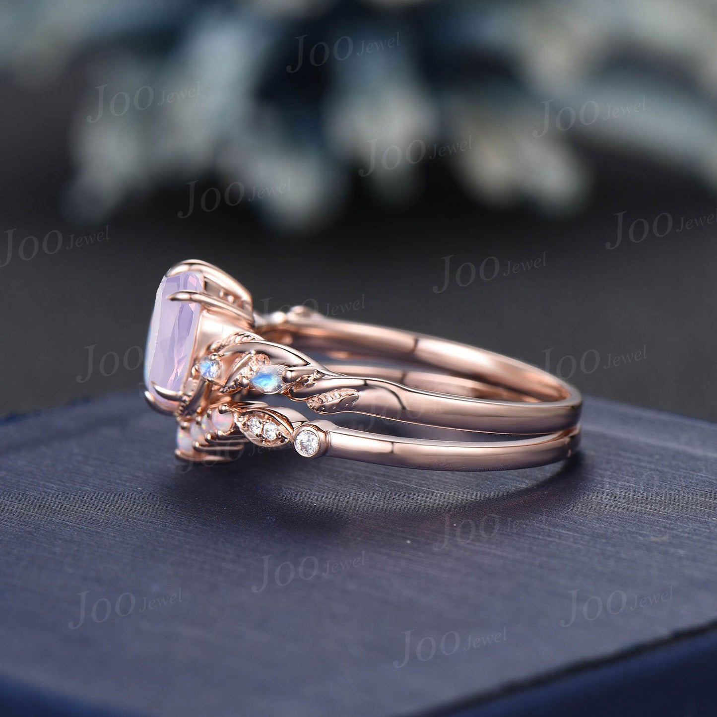 Vintage Oval Cut Lavender Amethyst Proposal Ring Set 14K Rose Gold Art Deco Cluster Leaf Nature Inspired Moonstone Opal Bridal Wedding Ring