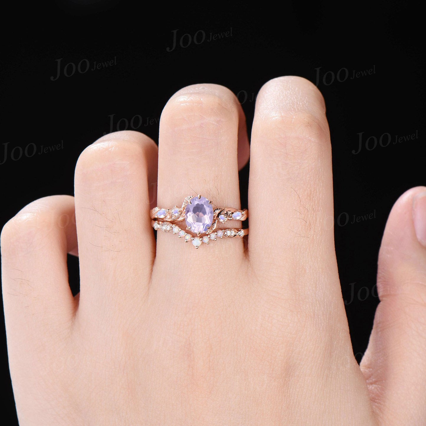 Vintage Oval Cut Lavender Amethyst Proposal Ring Set 14K Rose Gold Art Deco Cluster Leaf Nature Inspired Moonstone Opal Bridal Wedding Ring