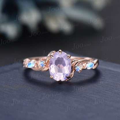 Vintage Oval Cut Lavender Amethyst Proposal Ring Set 14K Rose Gold Art Deco Cluster Leaf Nature Inspired Moonstone Opal Bridal Wedding Ring