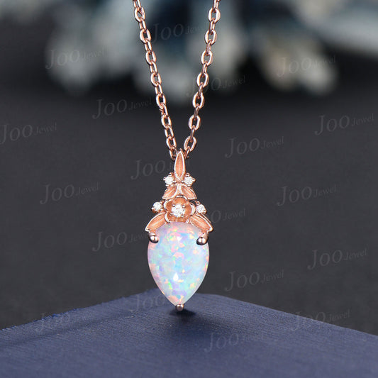 Teardrop Cut White Fire Opal Necklace Solid 14k/18k Rose Gold Branch Floral Pendant for Women Dainty Anniversary Bridal Gift Mother Jewelry
