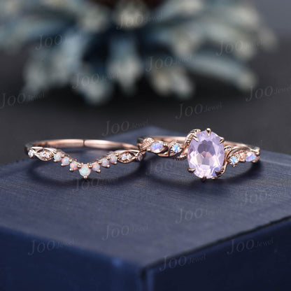 Vintage Oval Cut Lavender Amethyst Proposal Ring Set 14K Rose Gold Art Deco Cluster Leaf Nature Inspired Moonstone Opal Bridal Wedding Ring