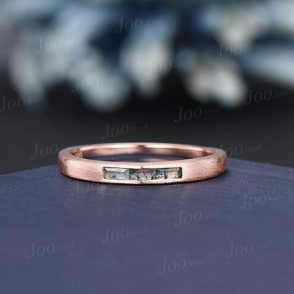 Dainty 14k Solid Rose Gold Brushed Band Ring 2.5mm Natural Baguette Moss Agate Stacking Band Promise Gift Minimalist Stackable Rings Women