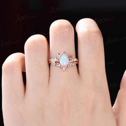 1.25ct Nature Inspired White Opal Moissanite Ring Pear Shaped Opal Twig Engagement Ring Set Branch Bridal Set October Birthstone Gift Women