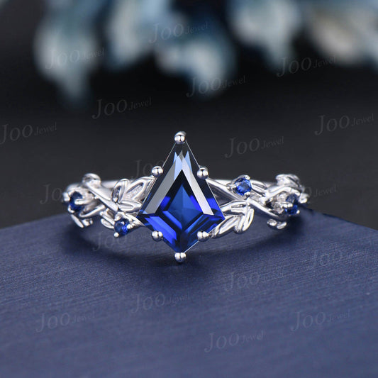 Nature Inspired Blue Sapphire Ring 1ct Kite Cut Blue Sapphire Engagement Ring Leaf Vine Blue Wedding Ring Unique September Birthstone Gifts