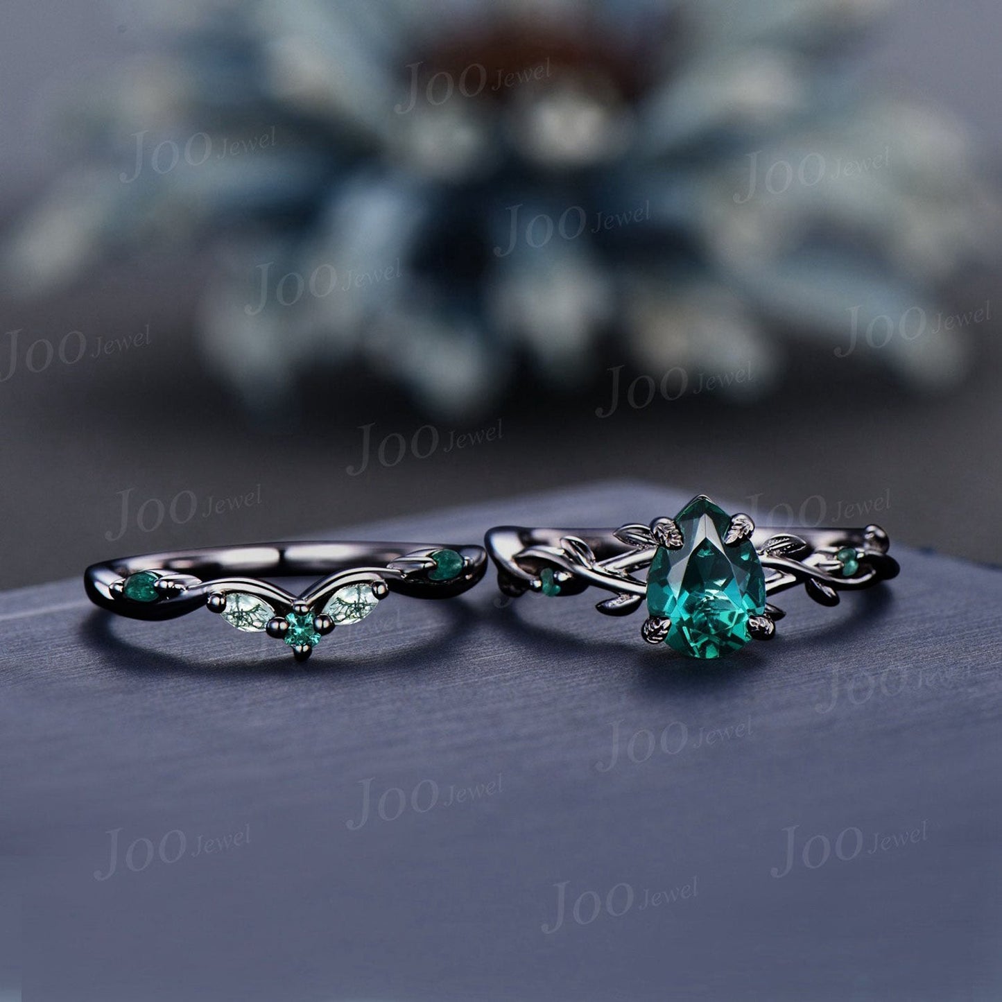 Black Gold Green Emerald Engagement Ring Set 1.25ct Twig Vine Pear Emerald Moss Agate Wedding Ring Set Goth Black Promise Ring Women Gifts