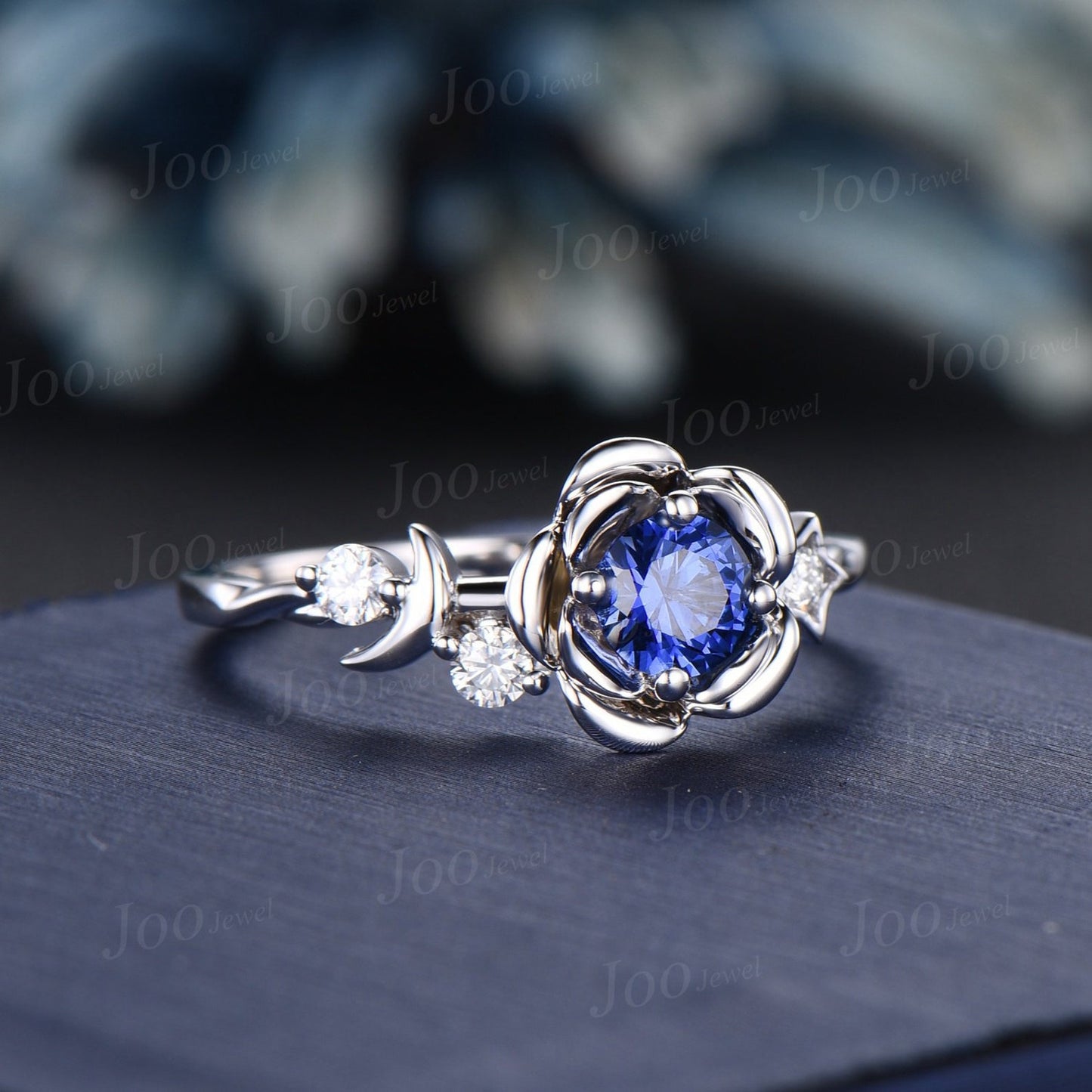 Nature Inspired Natural Blue Sapphire Diamond Ring Rose Flower Wedding Ring Moon Star Proposal Ring Unique September Birthday Gifts Women