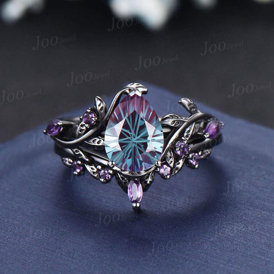 1.25ct Pear Cut Starbrite Alexandrite Black Gold Bridal Rings Anniversary Gift Purple Amethyst Wedding Ring Fireworks Cut Alexandrite Rings
