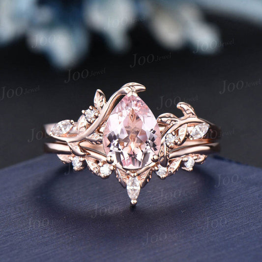 Pear Cut Natural Pink Morganite Diamond Leaf Engagement Ring Set 14K Rose Gold Branch Nature Inspired Real Diamond Morganite Wedding Ring