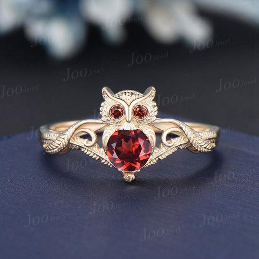 Unique Branch Twig Vine Owl Engagement Ring 14K Yellow Gold Natural Red Garnet Wedding Ring January Birthstone Jewelry Antique Birthday Gift