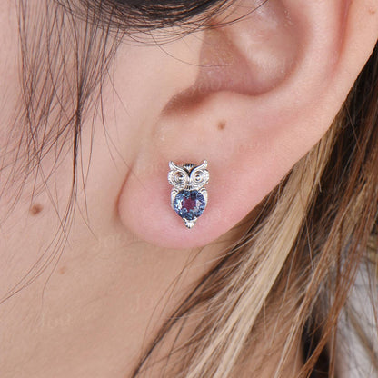 Cute Owl Alexandrite Stud Earrings Sterling Silver Round Color-Change Alexandrite Hypoallergenic Earrings Animal Inspired Gemstone Jewelry