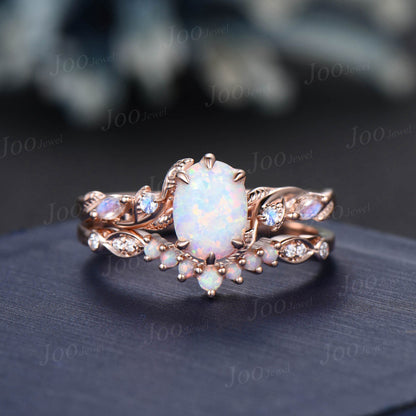 Twig Branch White Opal Ring Set 10K Rose Gold 1.5ct Oval Cut Nature Opal Moonstone Engagement Ring Opal Wedding Band October Birthstone Gift