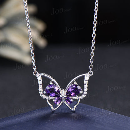 Pear Natural Amethyst Butterfly Necklace 14K Rose Gold Vintage Purple Crystal Pendant Unique February Birthstone Birthday Gifts For Daughter
