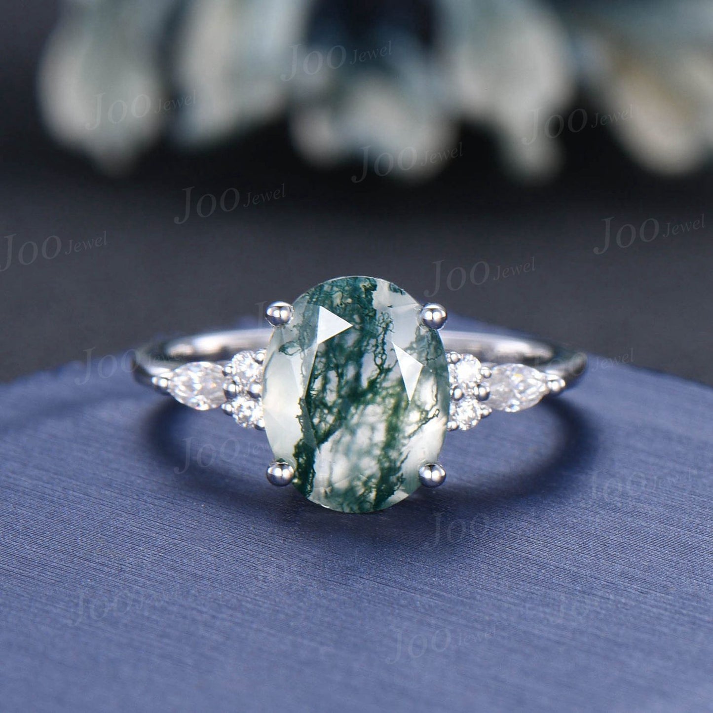 3ct Natural Moss Agate Engagement Ring 14K Rose Gold Cluster Moissanite Ring Oval Green Wedding Ring Unique Anniversary Gifts for Women Wife