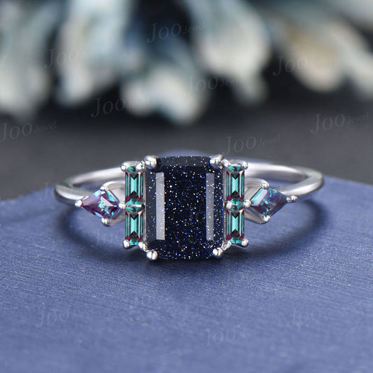 2CT Emerald Cut Galaxy Starry Sky Blue Sandstone Engagement Ring Blue Goldstone Wedding Ring Art Deco Baguette Kite Alexandrite Promise Ring