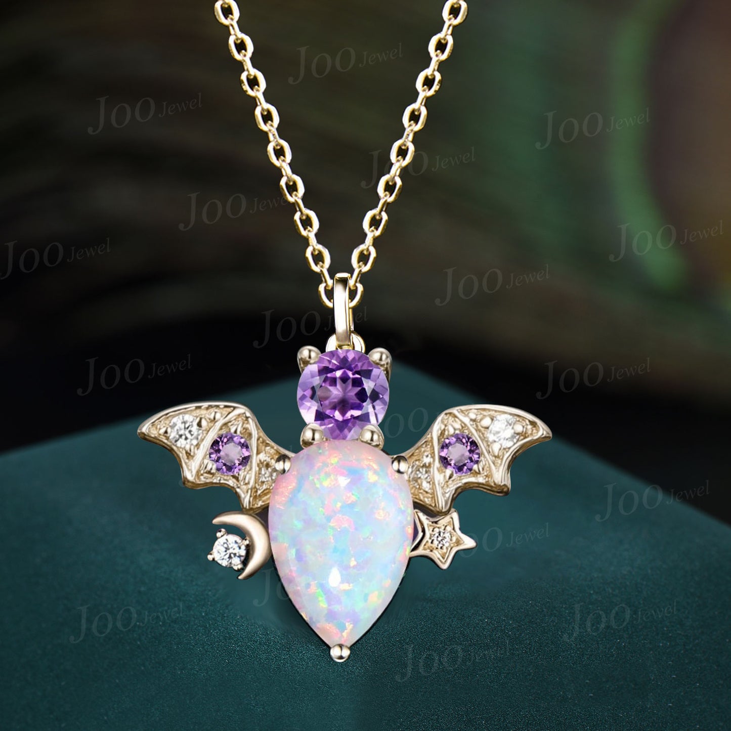 Teardrop White Fire Opal Amethyst Necklace Vintage Sterling Silver Moon Star Opal Bat Pendant Unique October Birthstone Gifts For Daughter