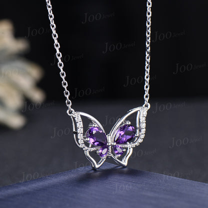 Pear Natural Amethyst Butterfly Necklace 14K Rose Gold Vintage Purple Crystal Pendant Unique February Birthstone Birthday Gifts For Daughter