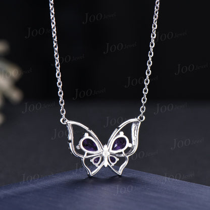 Pear Natural Amethyst Butterfly Necklace 14K Rose Gold Vintage Purple Crystal Pendant Unique February Birthstone Birthday Gifts For Daughter