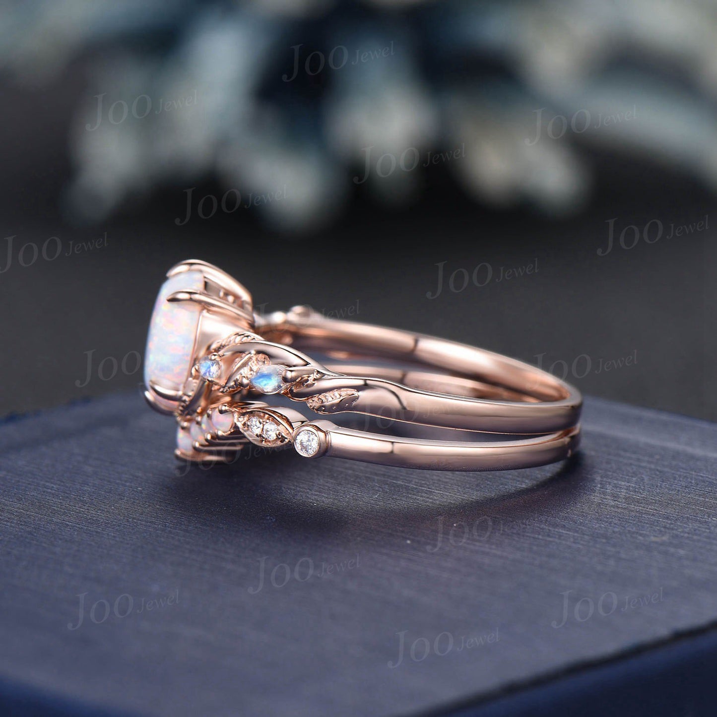 Twig Branch White Opal Ring Set 10K Rose Gold 1.5ct Oval Cut Nature Opal Moonstone Engagement Ring Opal Wedding Band October Birthstone Gift