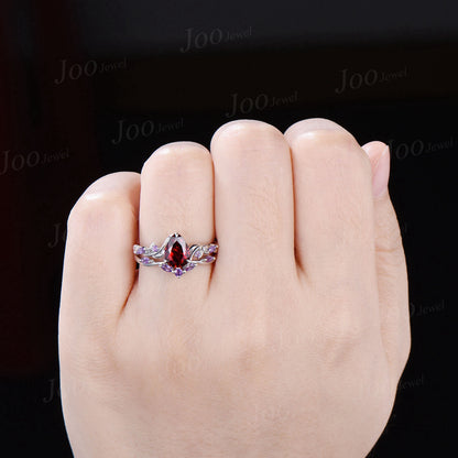 Twig Vine Natural Garnet Amethyst Black Gold Bridal Set January Birthstone 1.25ct Pear Nature Inspired Garnet Ring Red Crystal Wedding Ring