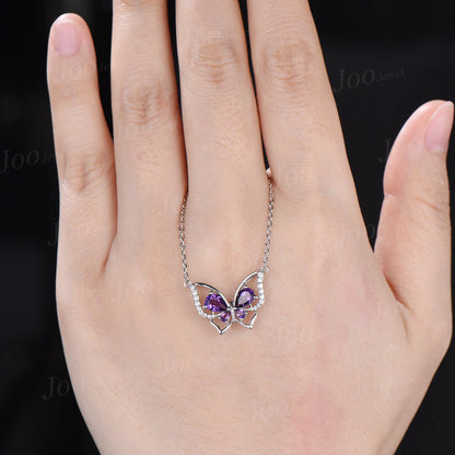 Pear Natural Amethyst Butterfly Necklace 14K Rose Gold Vintage Purple Crystal Pendant Unique February Birthstone Birthday Gifts For Daughter