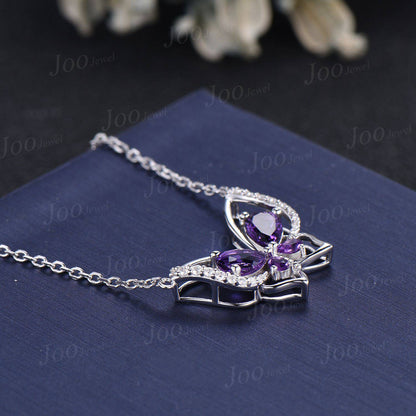 Pear Natural Amethyst Butterfly Necklace 14K Rose Gold Vintage Purple Crystal Pendant Unique February Birthstone Birthday Gifts For Daughter