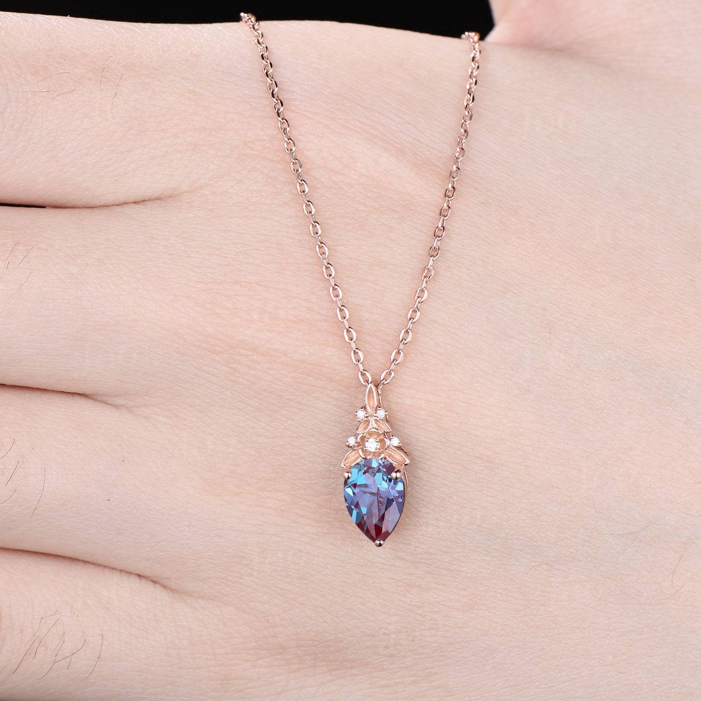Pear Cut Color-Change Alexandrite Necklace Solid 14K Rose Gold Nature Inspired Floral Alexandrite Pendant for Women June Birthstone Gifts